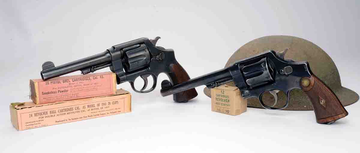 These Smith & Wesson Second Model Hand Ejector .45s include a .45 ACP (left) and a .455 Webley (right).